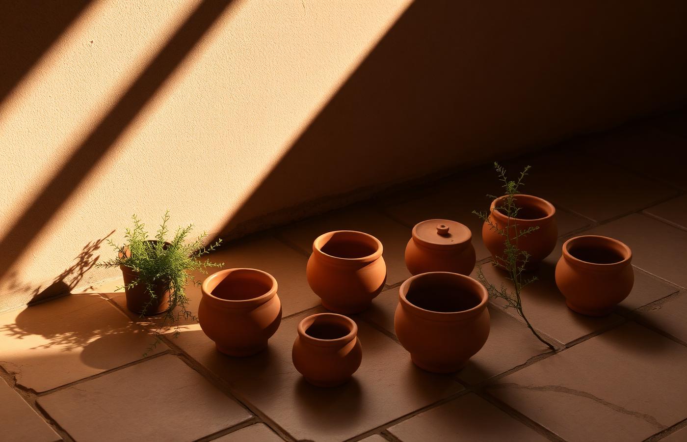 Terracotta pots in courtyard light